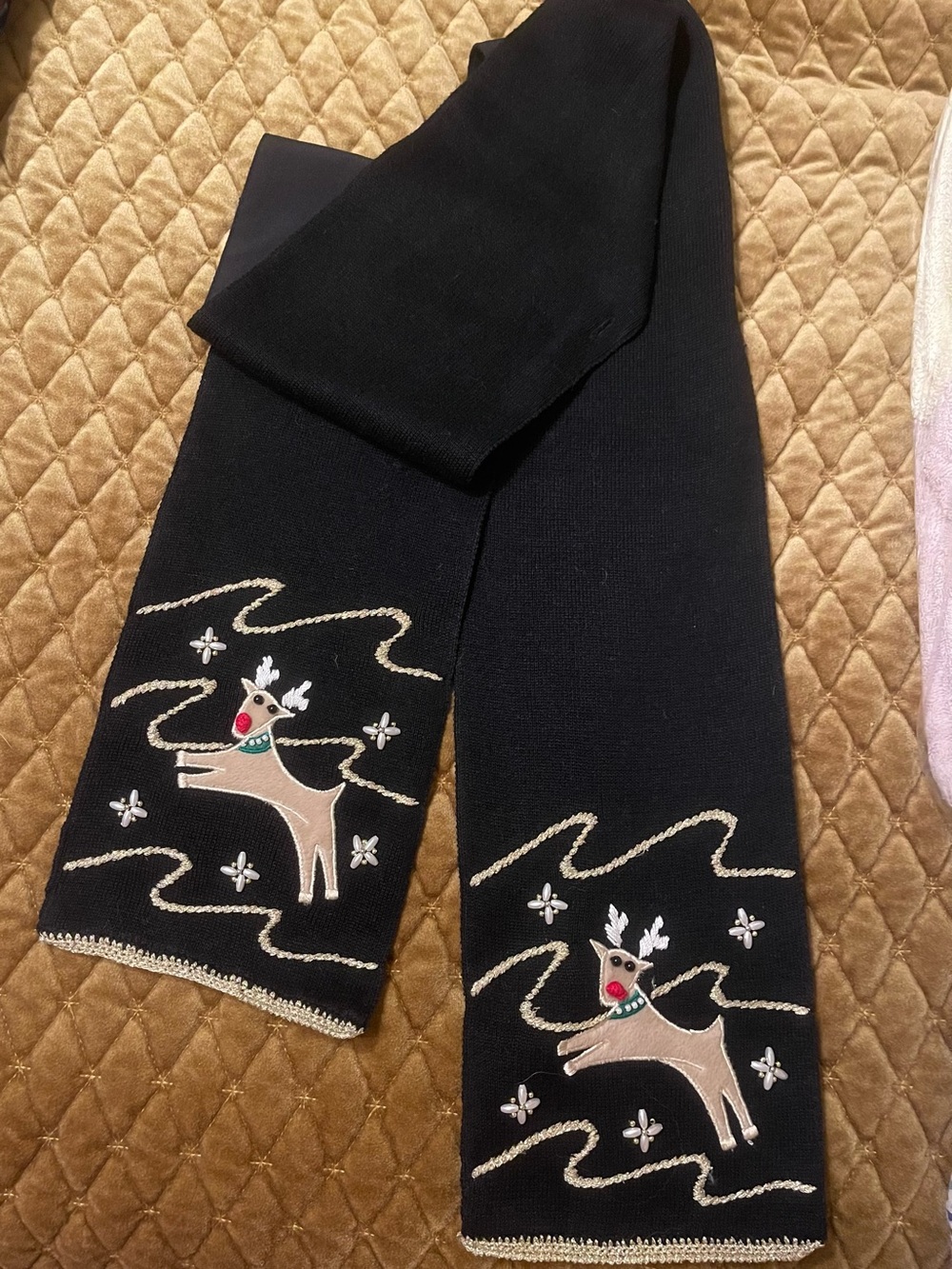 Black Reindeer Embroidered Scarf - Holiday Women Accessories